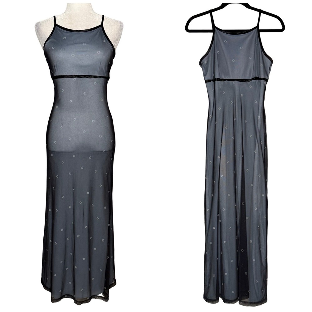 Vtg 90s Mesh Overlay Column Maxi Empire Waist Dress 7/8 Fairy Grunge Whimsigoth